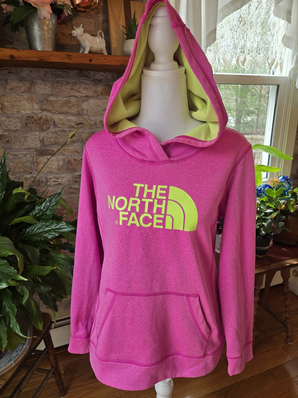 The North Face Hot Pink Hoodie with Lime Logo and Lined Hood